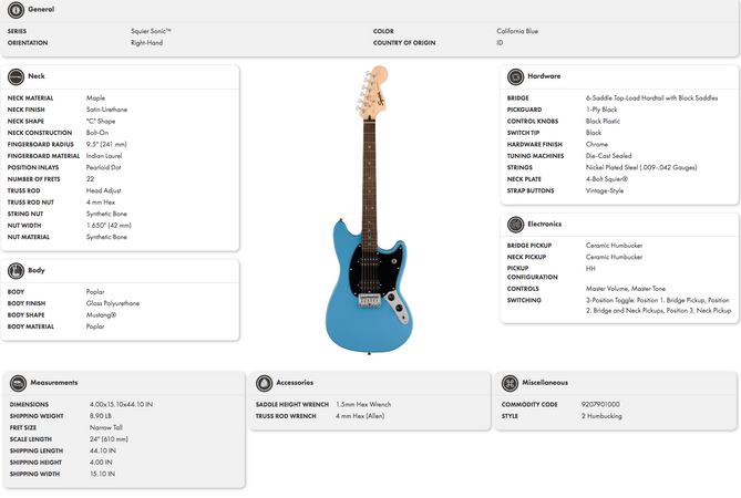 Squier Sonic Mustang Laurel FB in California Blue