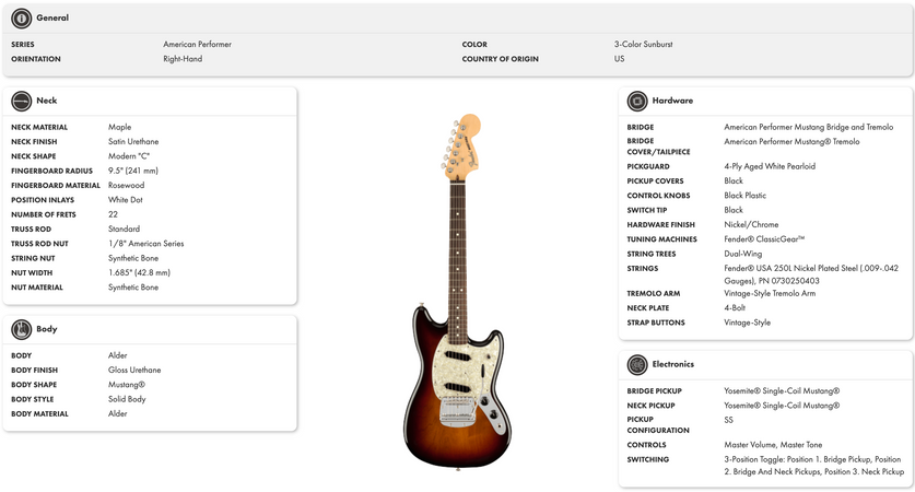 Fender American Performer Mustang Rosewood Fingerboard in 3 Colour Sunburst