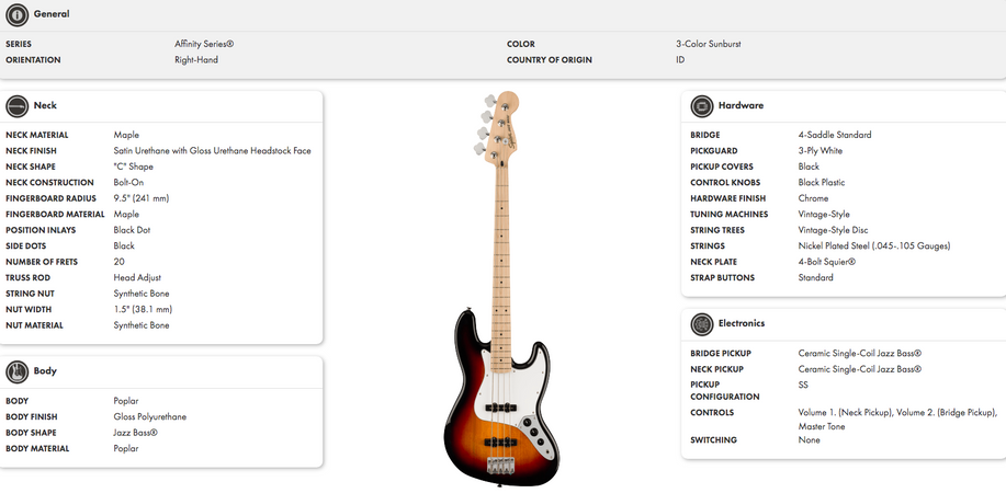 Squier Affinity Jazz Bass Maple Neck in 3 Tone Sunburst