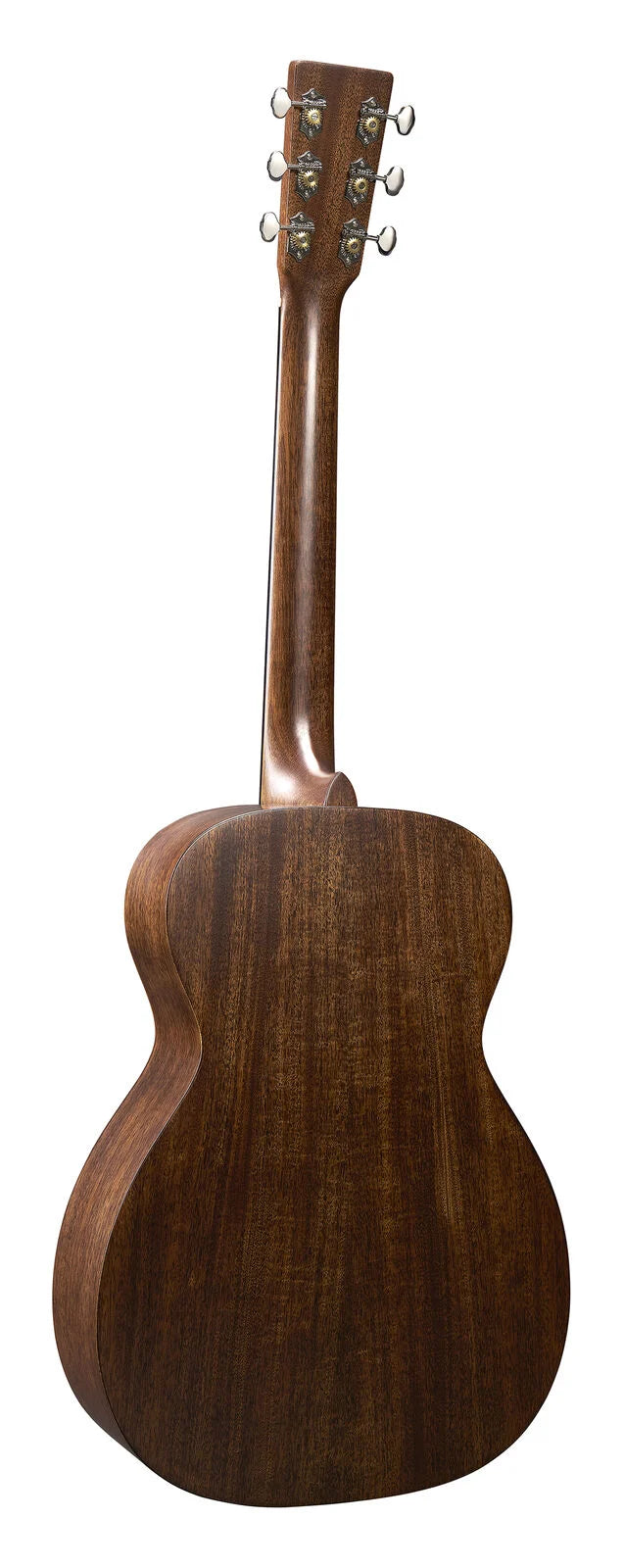Guitare acoustique en bois foncé vue de dos, six mécaniques argentées sur la tête, corps et manche lisses et arrondis.