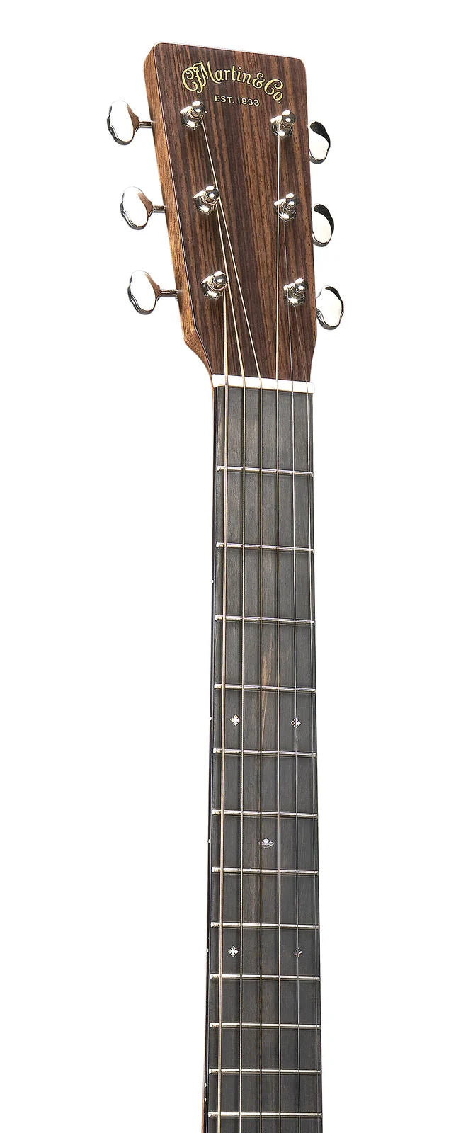Manche de guitare acoustique en bois sombre, avec six mécaniques chromées et incrustations en forme de losange sur la touche.