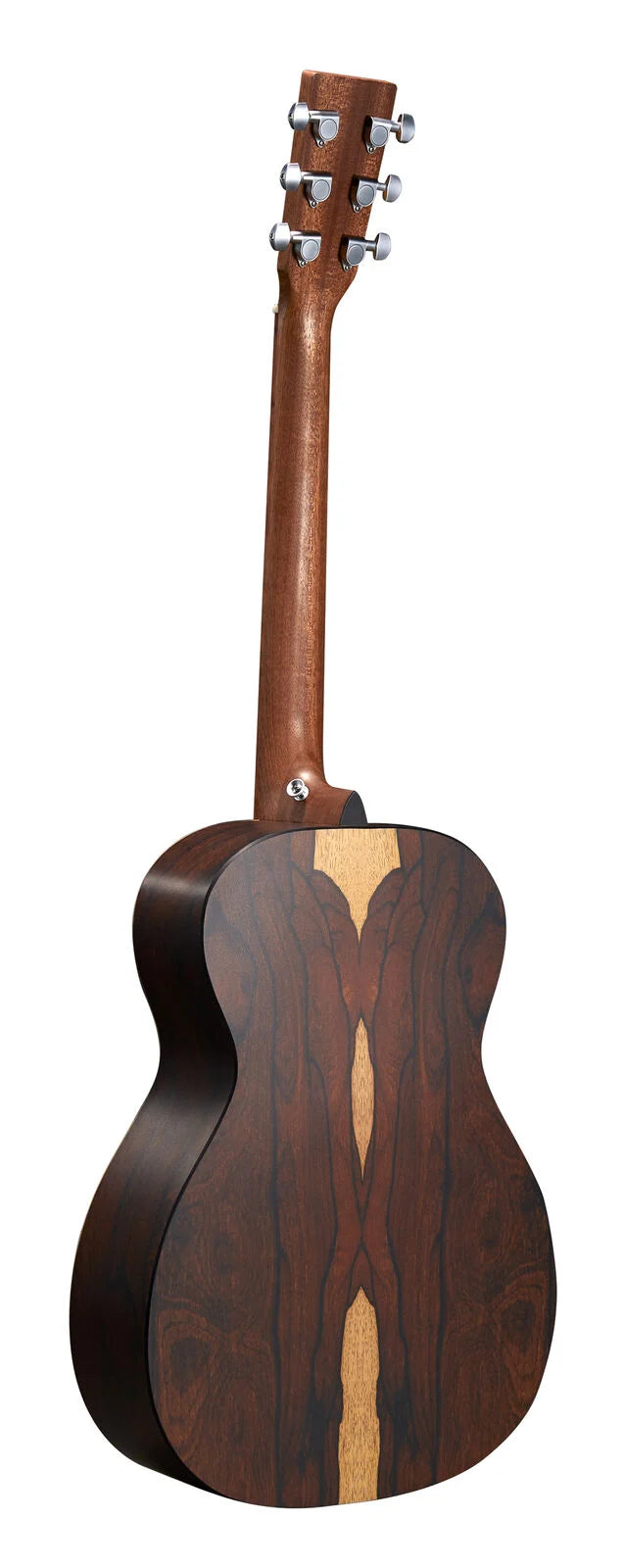 Acoustic guitar viewed from the back, showing a dark wood body with a prominent light wood grain stripe down the center.