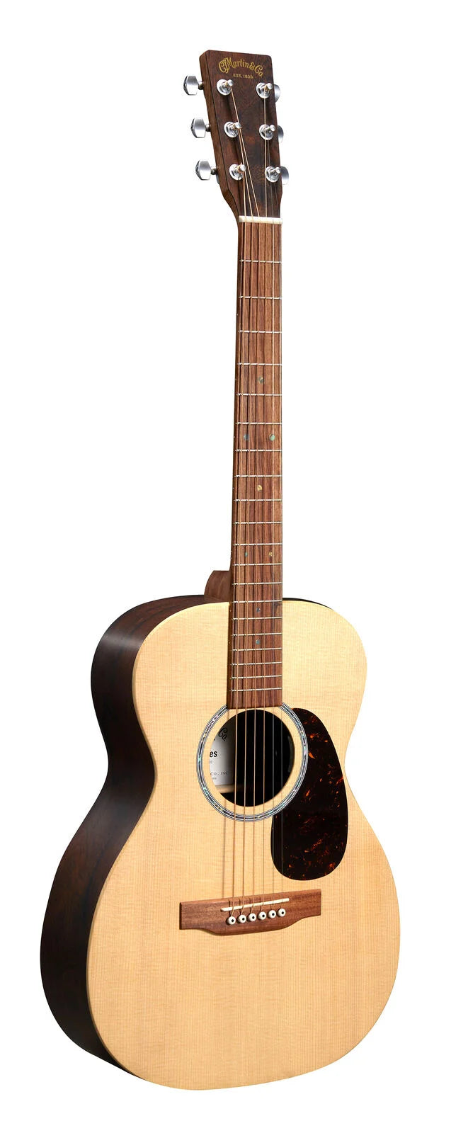 Light wood acoustic guitar with a dark brown neck and sides, six metal tuning pegs, and a dark pickguard beside the round sound hole.