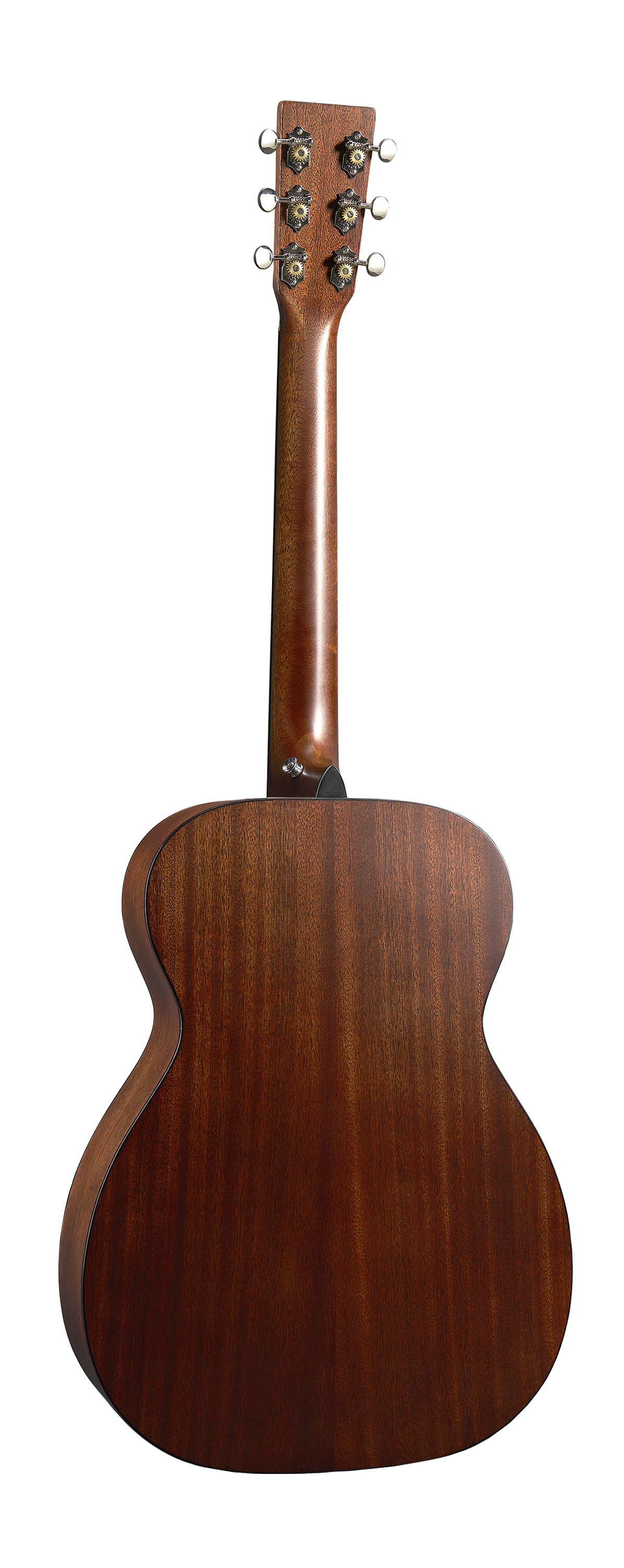 Guitare acoustique en bois marron vue de dos, six mécaniques dorées avec boutons argentés, dos bombé sans ornement.