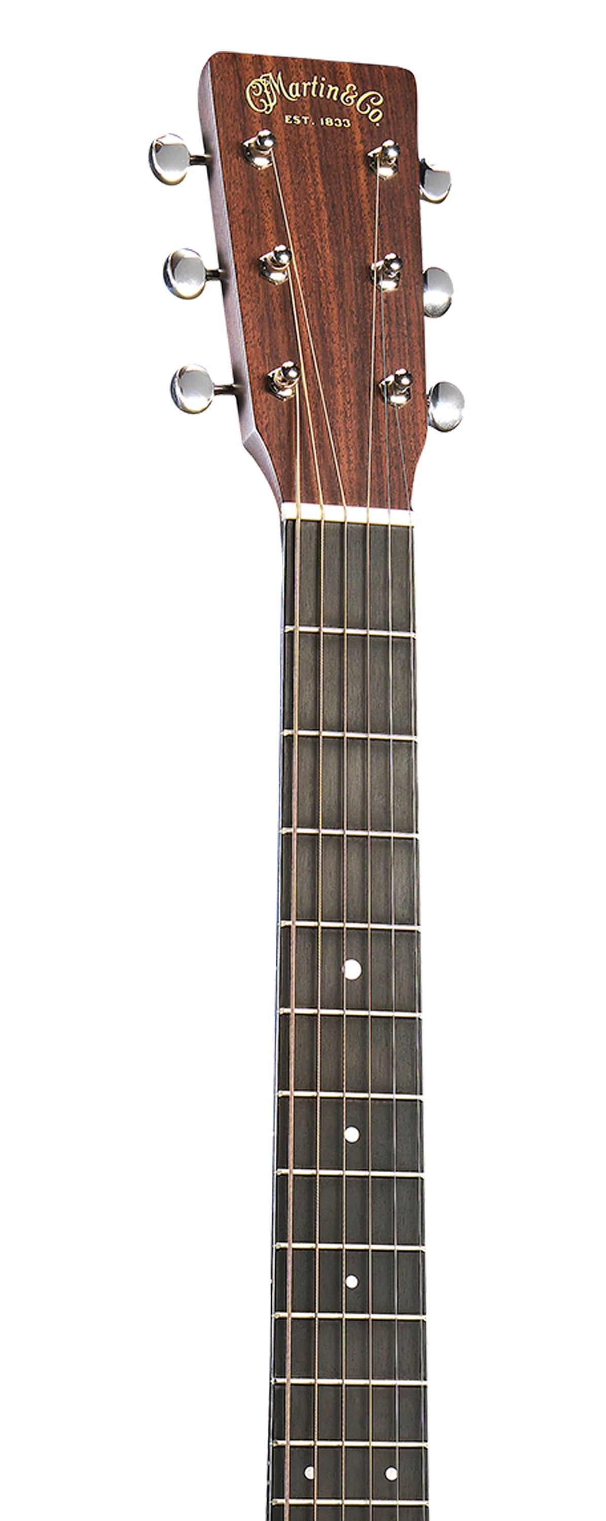 Manche de guitare acoustique en bois foncé, six chevilles argentées pour accorder les cordes, touche noire avec repères de position ronds blancs.