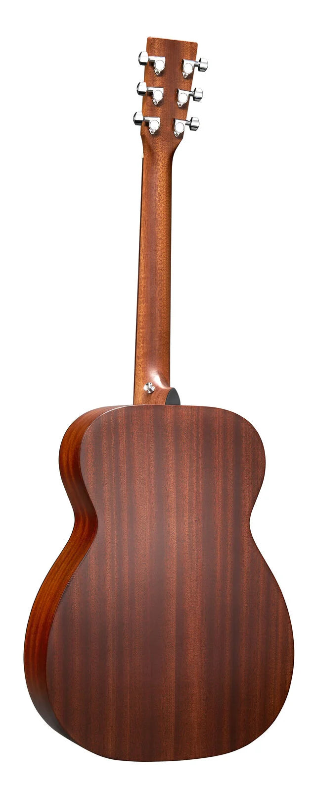 Rear view of an acoustic guitar showing a smooth, dark wood finish with six silver tuning pegs on the headstock.