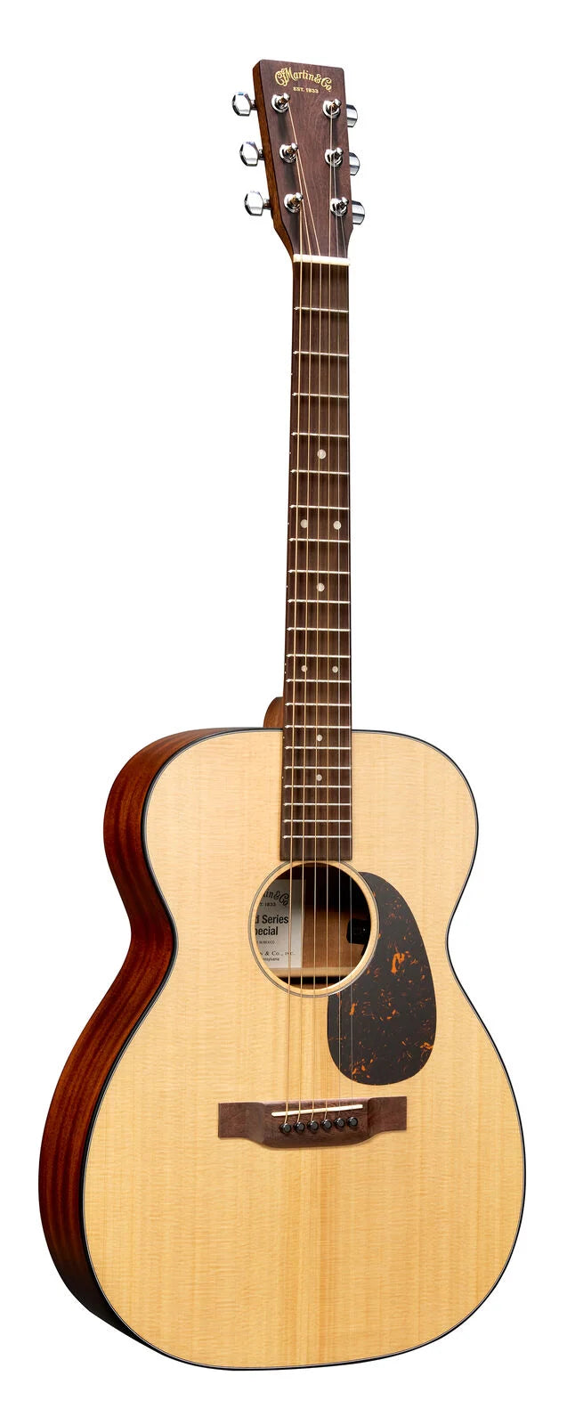 Acoustic guitar with a light wood top, dark wood sides and neck, six strings, and a dark pickguard below the sound hole.