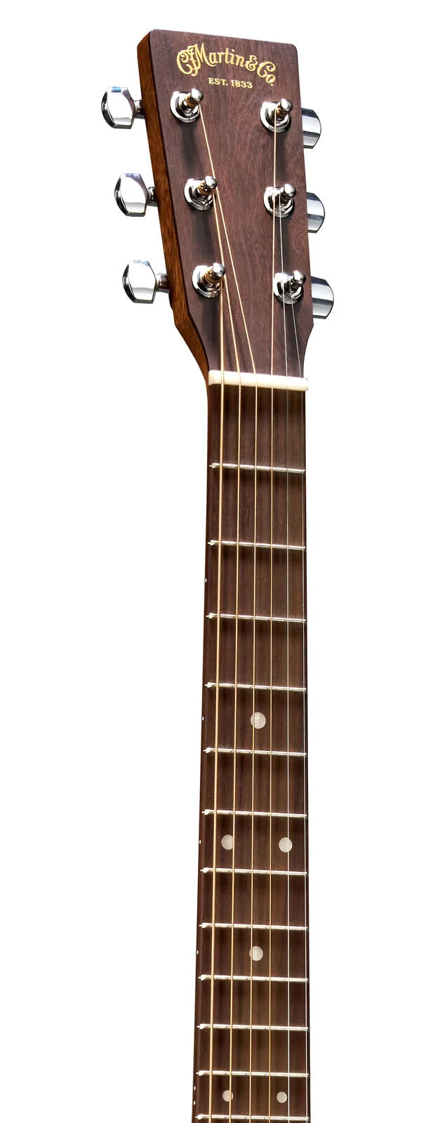 Headstock and neck of a six-string acoustic guitar with metal tuning pegs, fretboard dots, and “Martin & Co EST. 1833” in gold lettering.