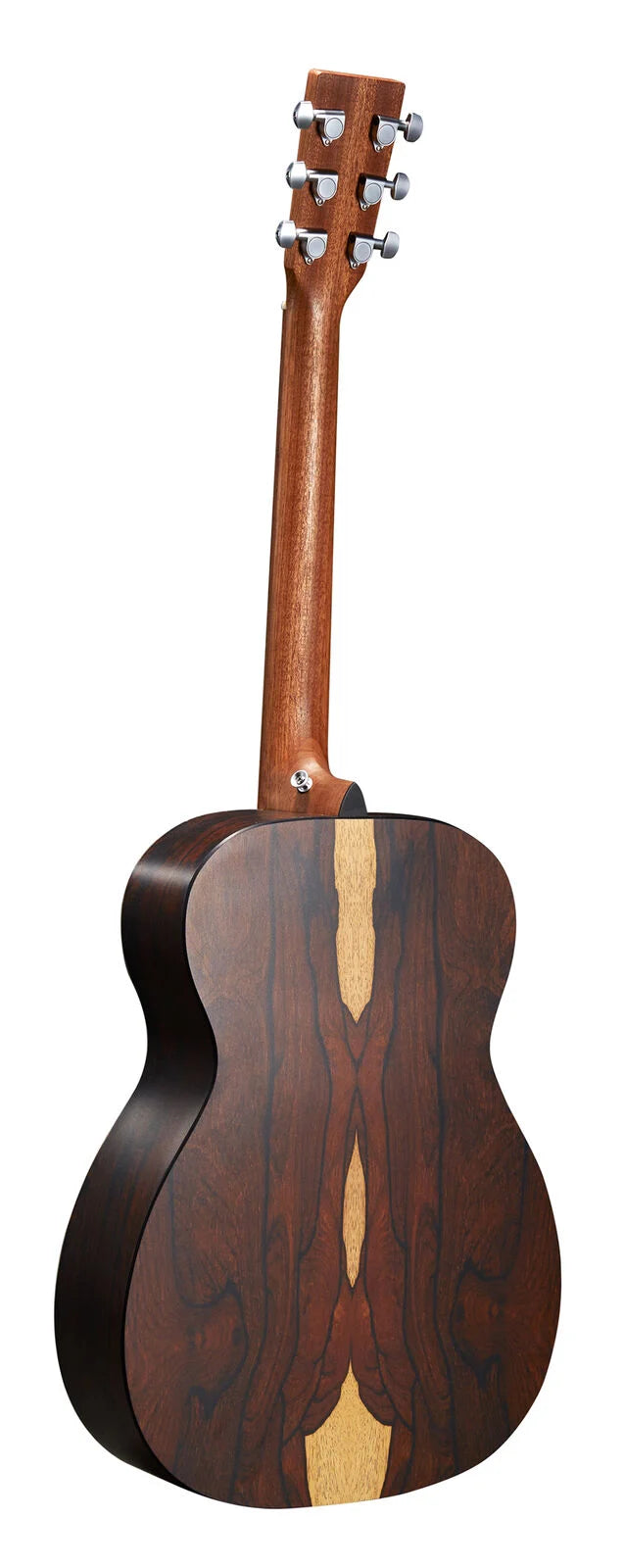 Acoustic guitar with a natural wood neck and a back featuring dark brown and light tan symmetrical wood grain patterns. Six tuning pegs are visible.