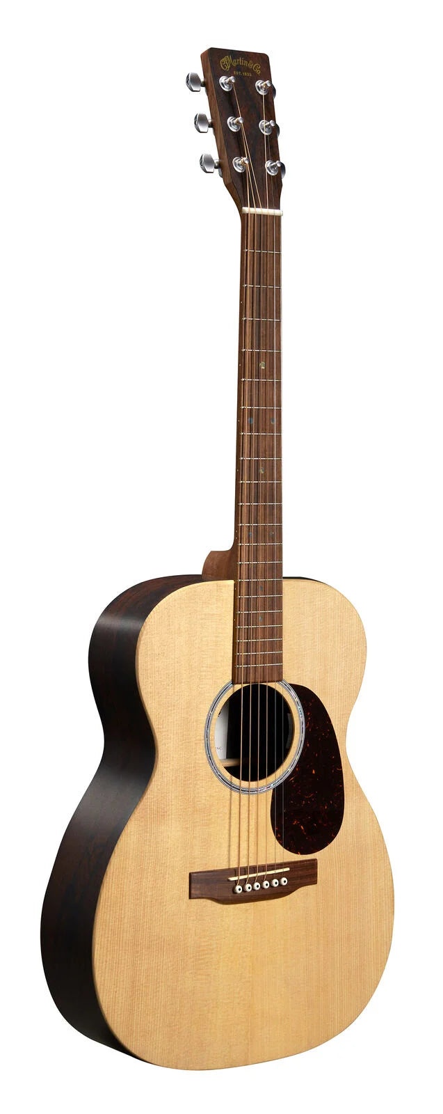 Acoustic guitar with a light wood top, dark sides and back, six strings, round sound hole, and a dark pickguard below the strings.
