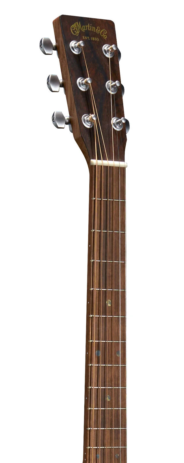 Martin & Co. acoustic guitar headstock and neck with six tuning pegs, metal strings, wood finish, and round fretboard inlays.