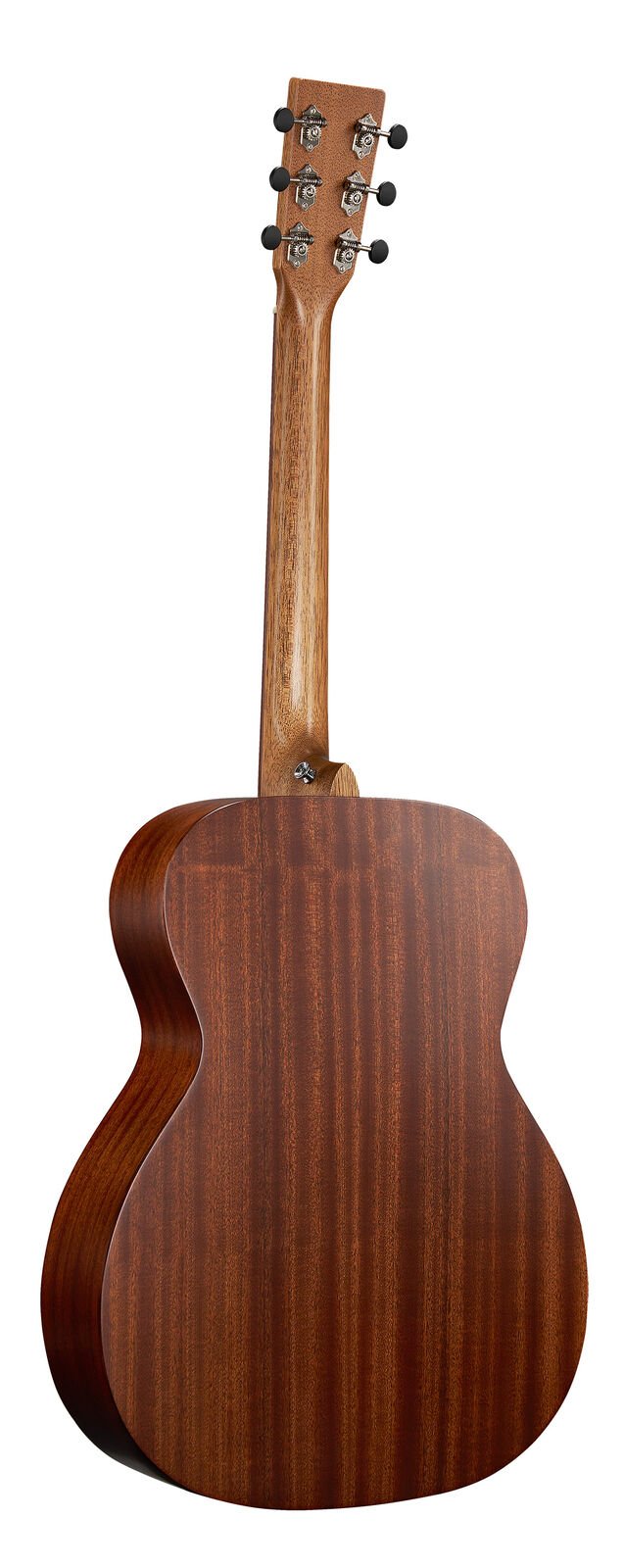 Mahogany acoustic guitar shown from the back, highlighting its wood grain, six tuning pegs, and a smooth, natural satin finish.