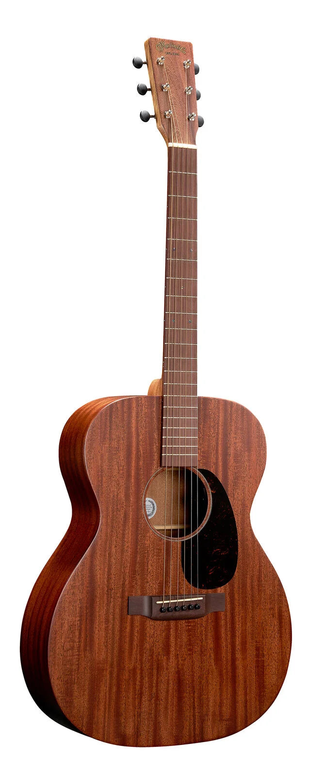 All-mahogany acoustic guitar with a natural wood finish, six strings, round sound hole, and black pickguard on the right side below the strings.