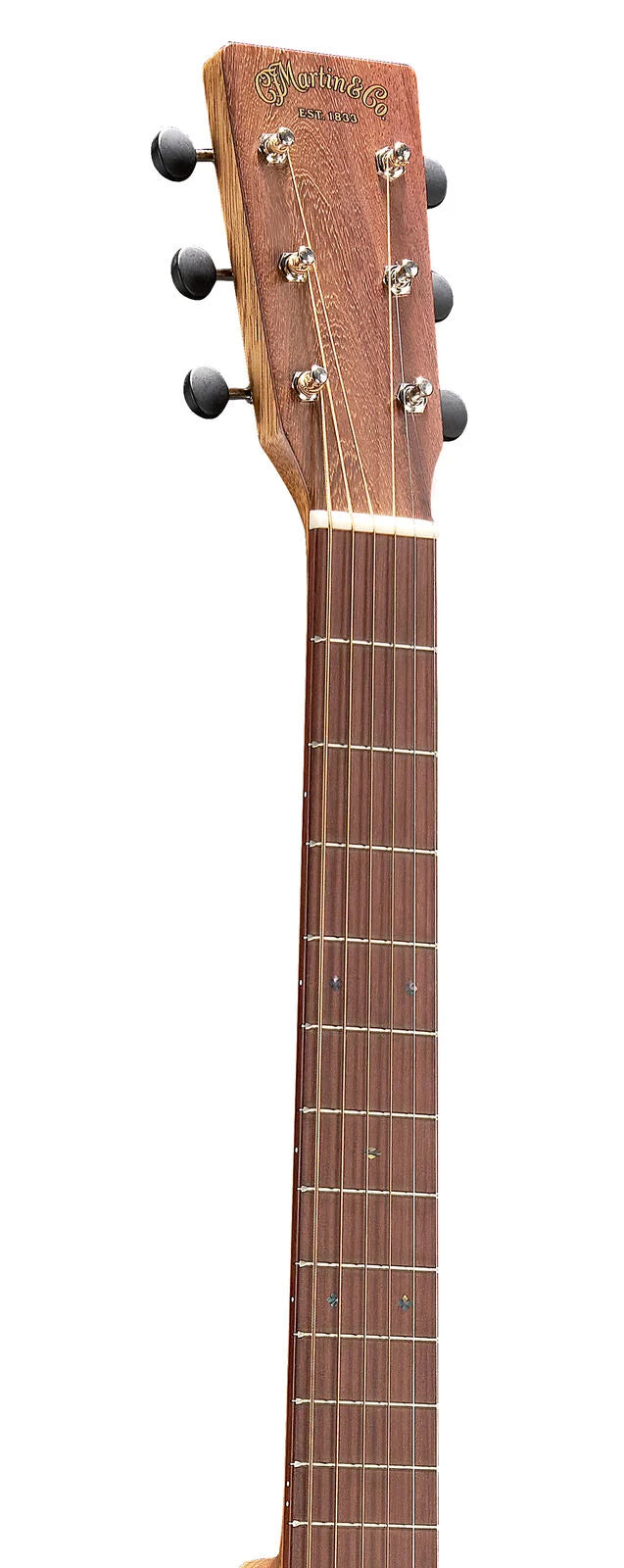 C.F. Martin & Co. acoustic guitar neck and headstock with six tuning pegs, steel strings, and visible fret markers on a wooden fretboard.