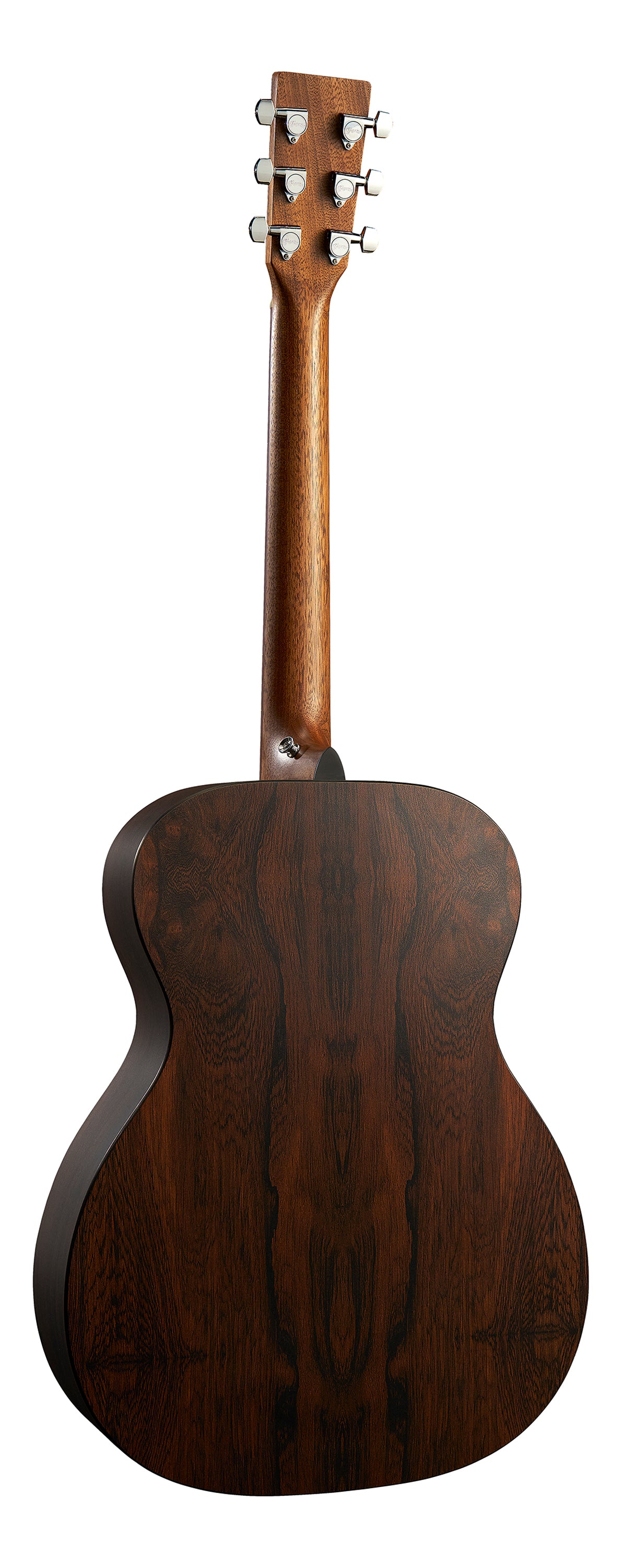 Vue arrière d’une guitare acoustique en bois foncé, mécaniques chromées sur la tête et veinures dessinant un motif symétrique sur le dos.