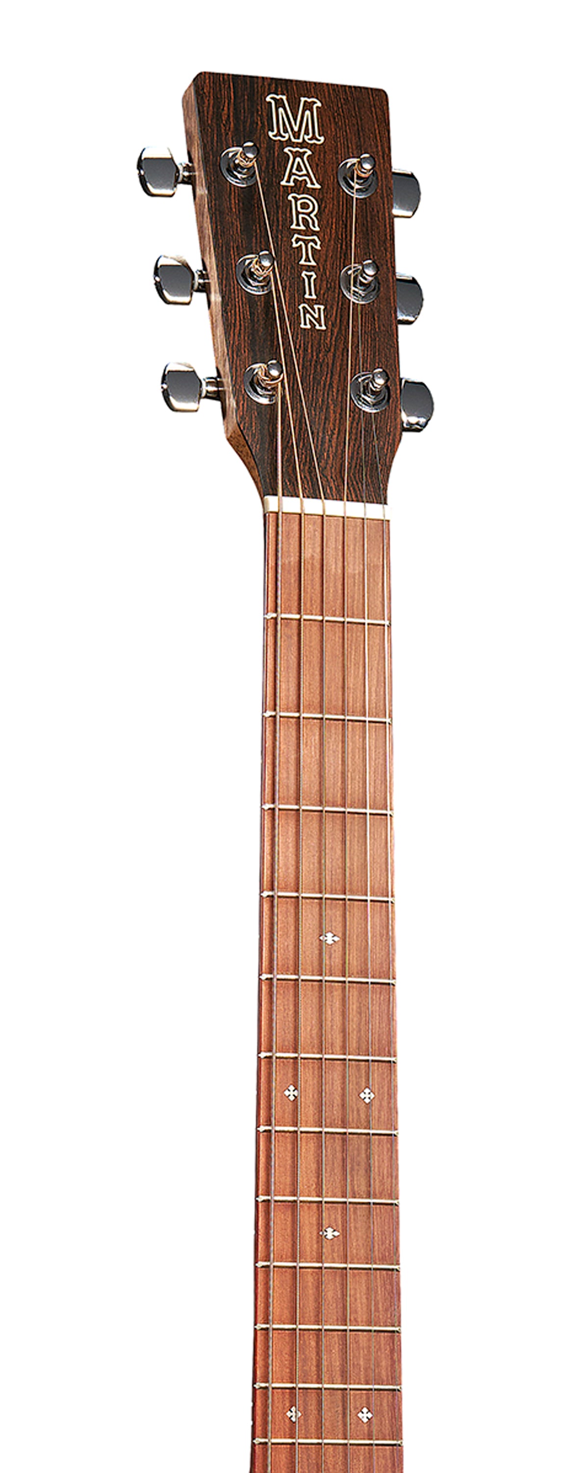 Manche de guitare acoustique en bois, six mécaniques argentées, lettrage "Martin" sur la tête, repères incrustés en forme de losange sur la touche.