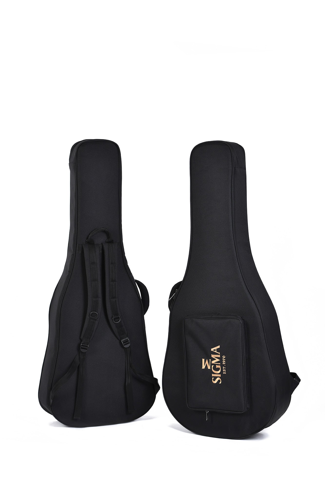 Two black padded acoustic guitar gig bags; one shows backpack straps, the other has a front pocket labeled SIGMA EST 1970 in gold text.