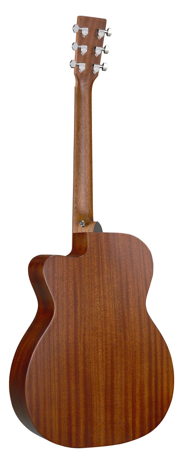 Acoustic guitar viewed from the back, showing smooth brown wood grain, six chrome tuning pegs, and a cutaway body design.