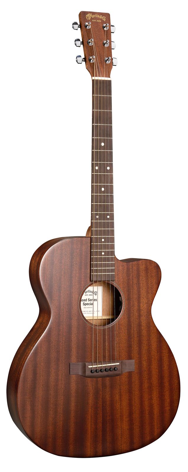 Martin acoustic guitar with a cutaway body, six steel strings, rich brown mahogany finish, and simple dot inlays on the fretboard.
