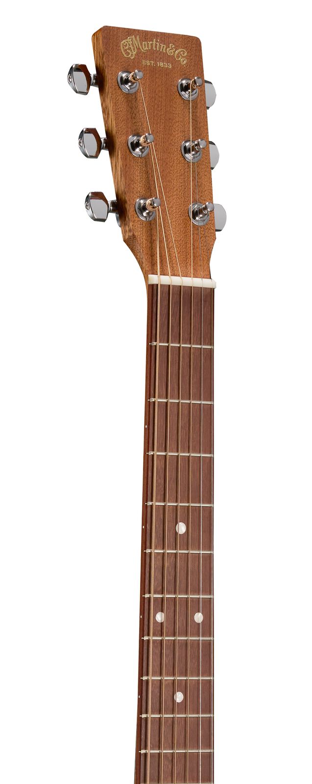 Mahogany headstock of a Martin acoustic guitar with six chrome tuning pegs and a rosewood fretboard displaying white dot inlays.