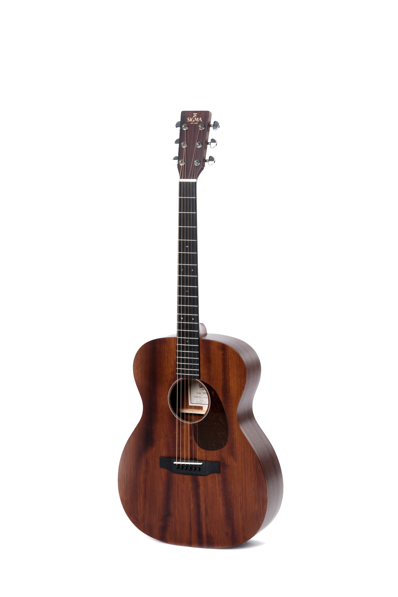 Dark brown acoustic guitar with a matte finish, six steel strings, a round sound hole, and a Sigma logo on the headstock.