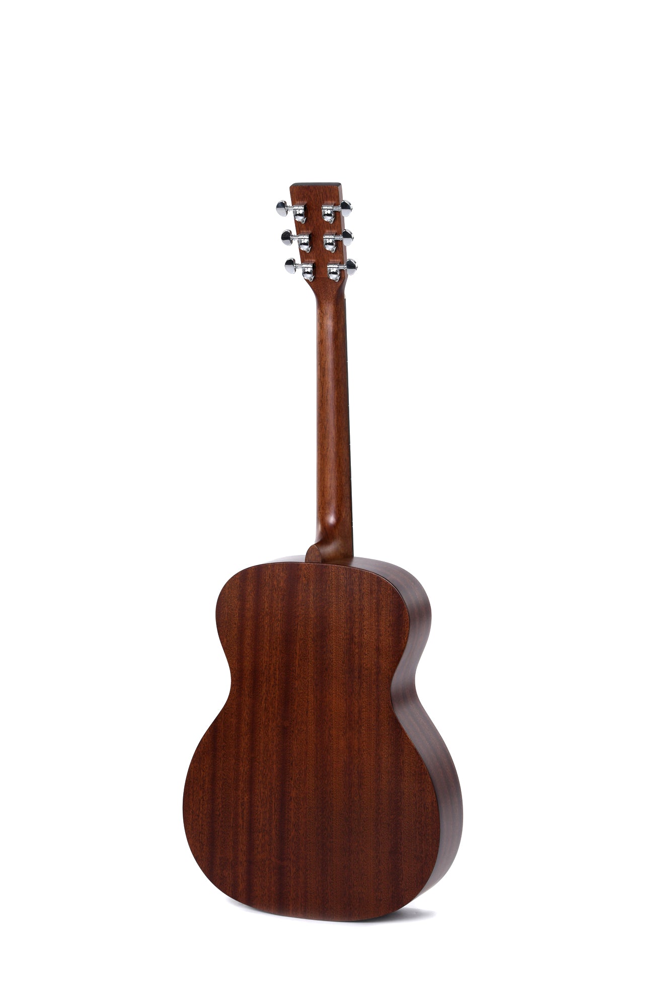 Back view of an acoustic guitar, showing smooth, dark wood grain and six tuning pegs on the headstock.