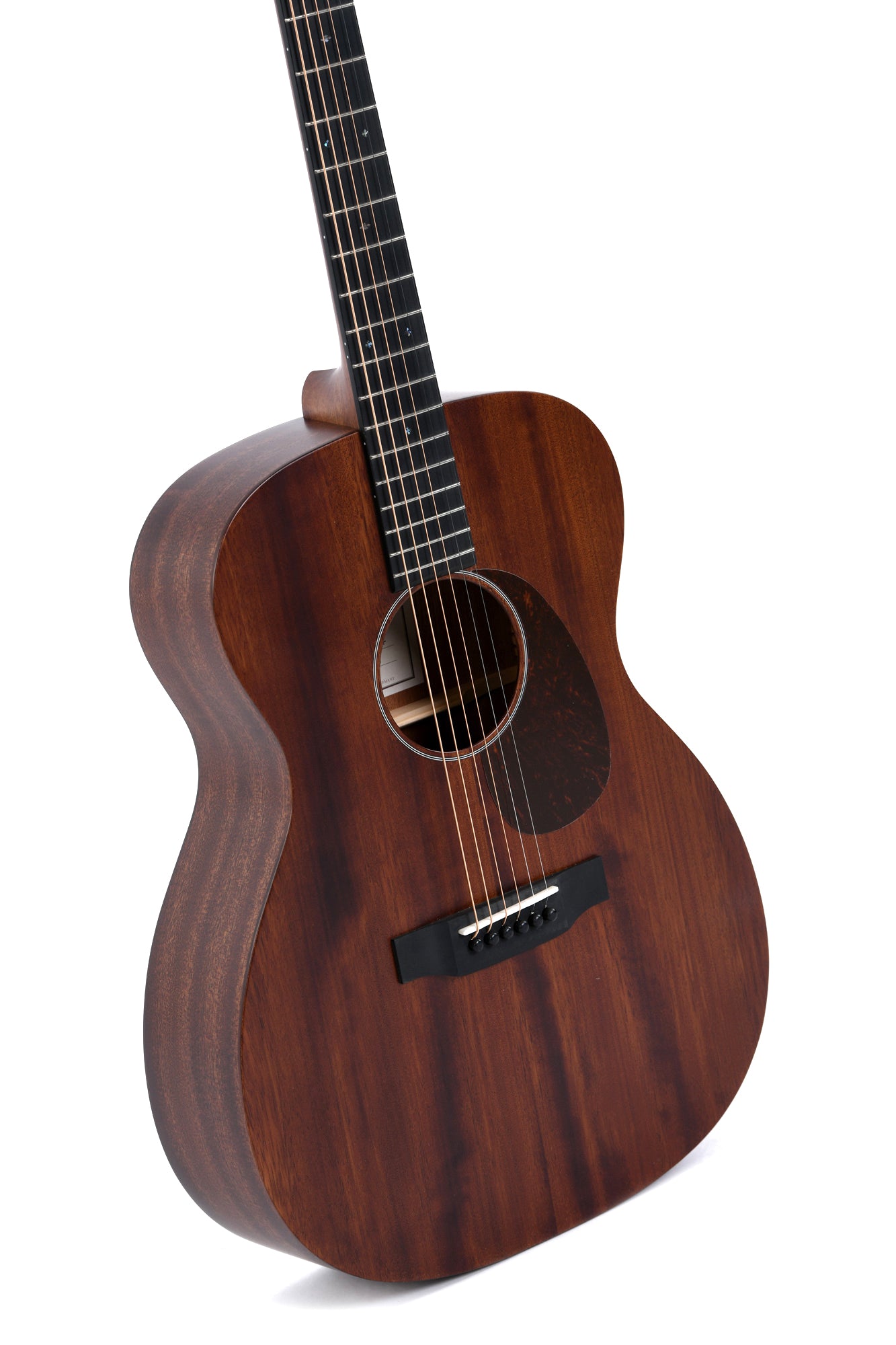 Dark brown acoustic guitar with a matte wood finish, black pickguard, six strings, and light dot inlays along a black fretboard.