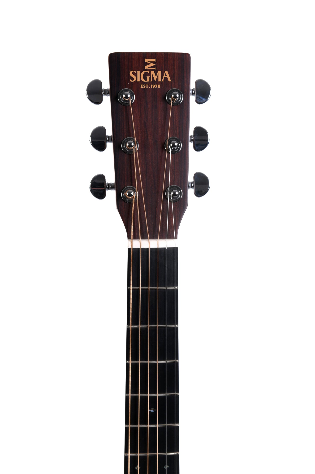 Close-up of a Sigma acoustic guitar headstock with six tuning pegs, dark wood finish, and SIGMA EST. 1970 in gold lettering.