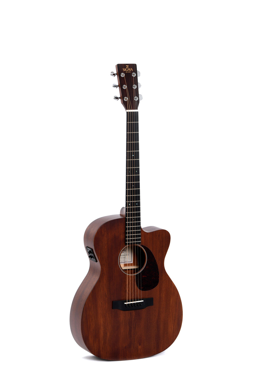 Dark brown acoustic guitar with a cutaway body, six strings, silver tuning pegs, black pickguard, and Sigma logo on the headstock.
