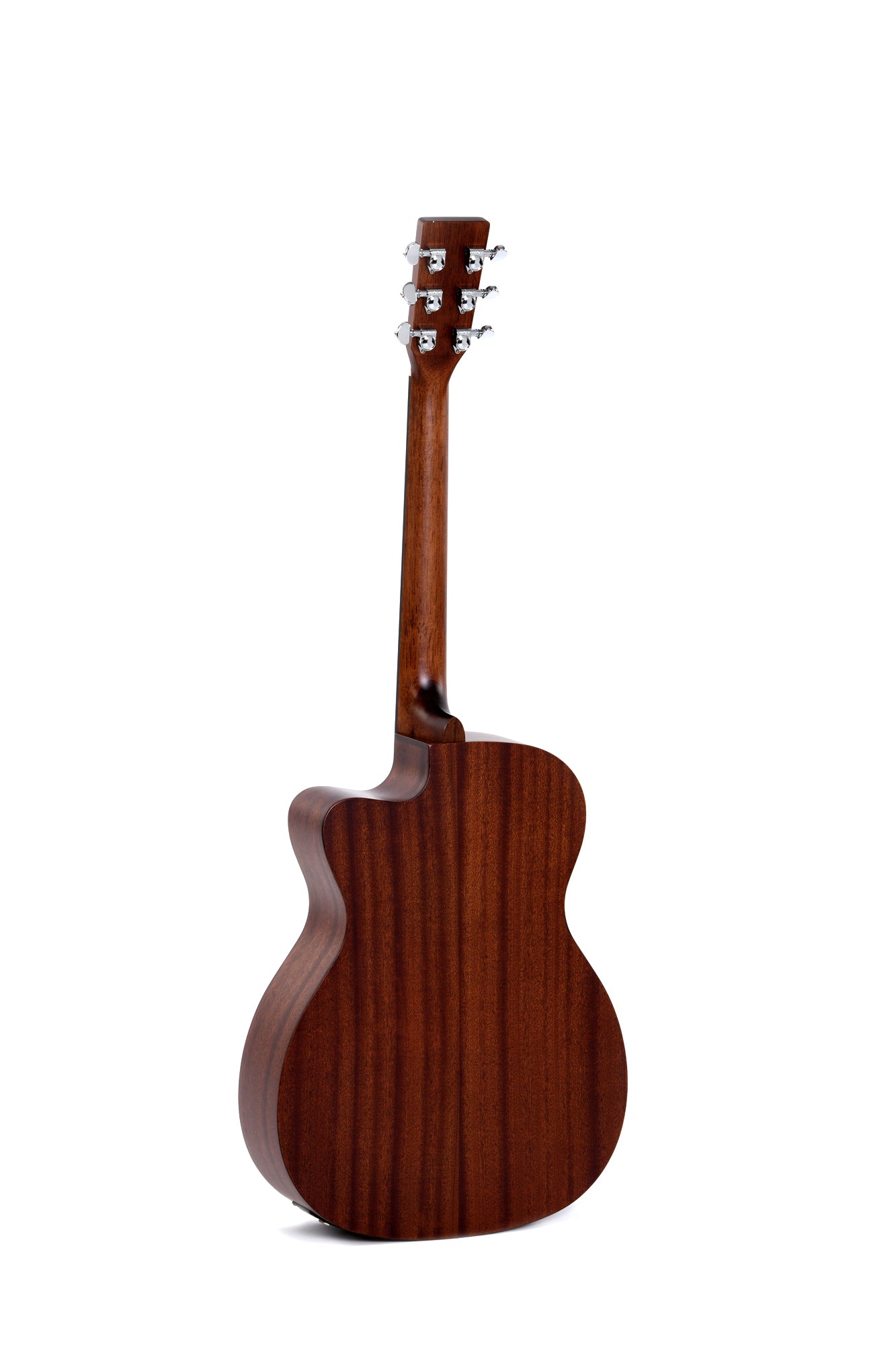 Brown acoustic guitar shown from the back, highlighting smooth wood grain, curved body, and six silver tuning pegs.