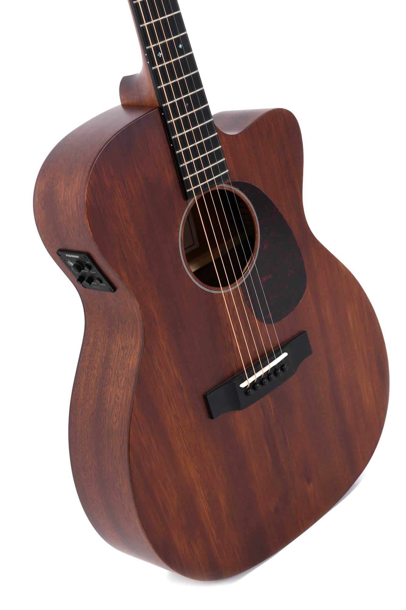 Dark wood acoustic guitar with a cutaway body, black pickguard, electronic controls on the side, and six steel strings.