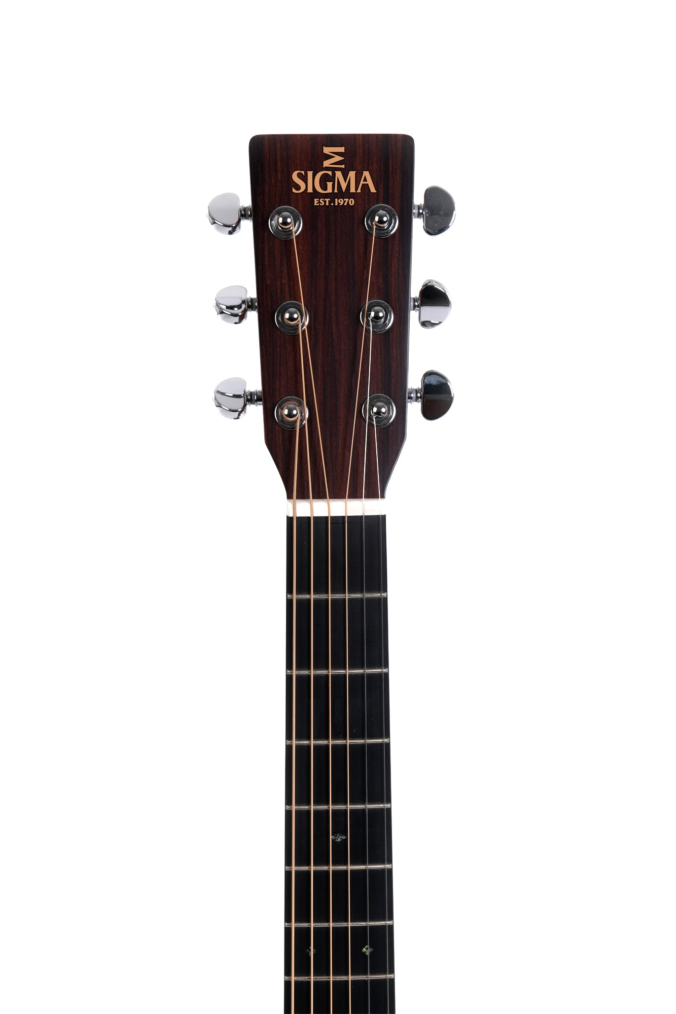 Close-up of a Sigma acoustic guitar headstock with six chrome tuning pegs and strings, logo and "EST. 1970" printed on dark wood.