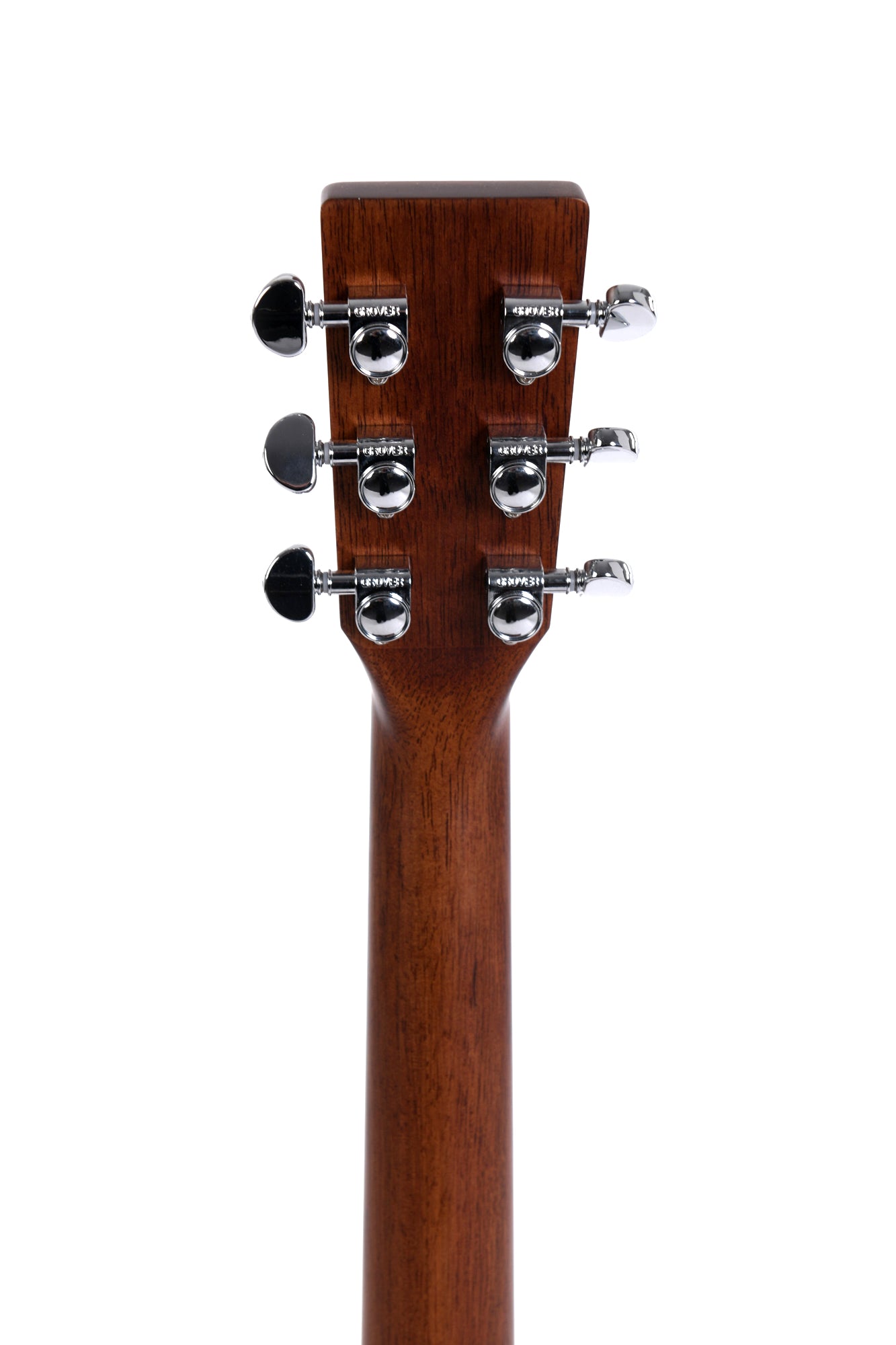 Six chrome tuning pegs on the back of a wooden acoustic guitar headstock, with a smooth, brown finish and visible wood grain.