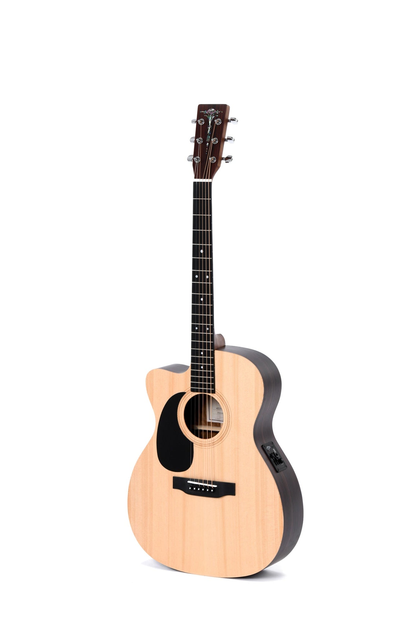 Wood-bodied acoustic guitar with a cutaway shape, six strings, black pickguard, and built-in electronic controls on the side.
