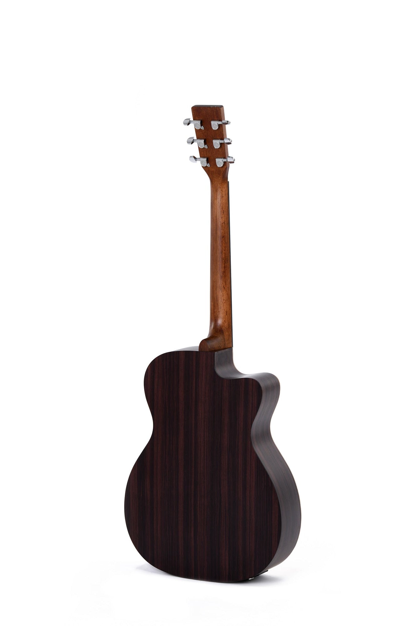 Acoustic guitar shown from the back, featuring dark wood with vertical grain lines and a lighter brown wood neck with six metal tuning pegs.