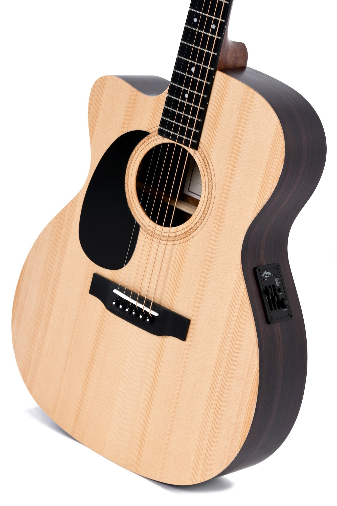 Light wood acoustic guitar with a black pickguard, six strings, dark sides, cutaway body, and built-in control panel for electronics on the side.