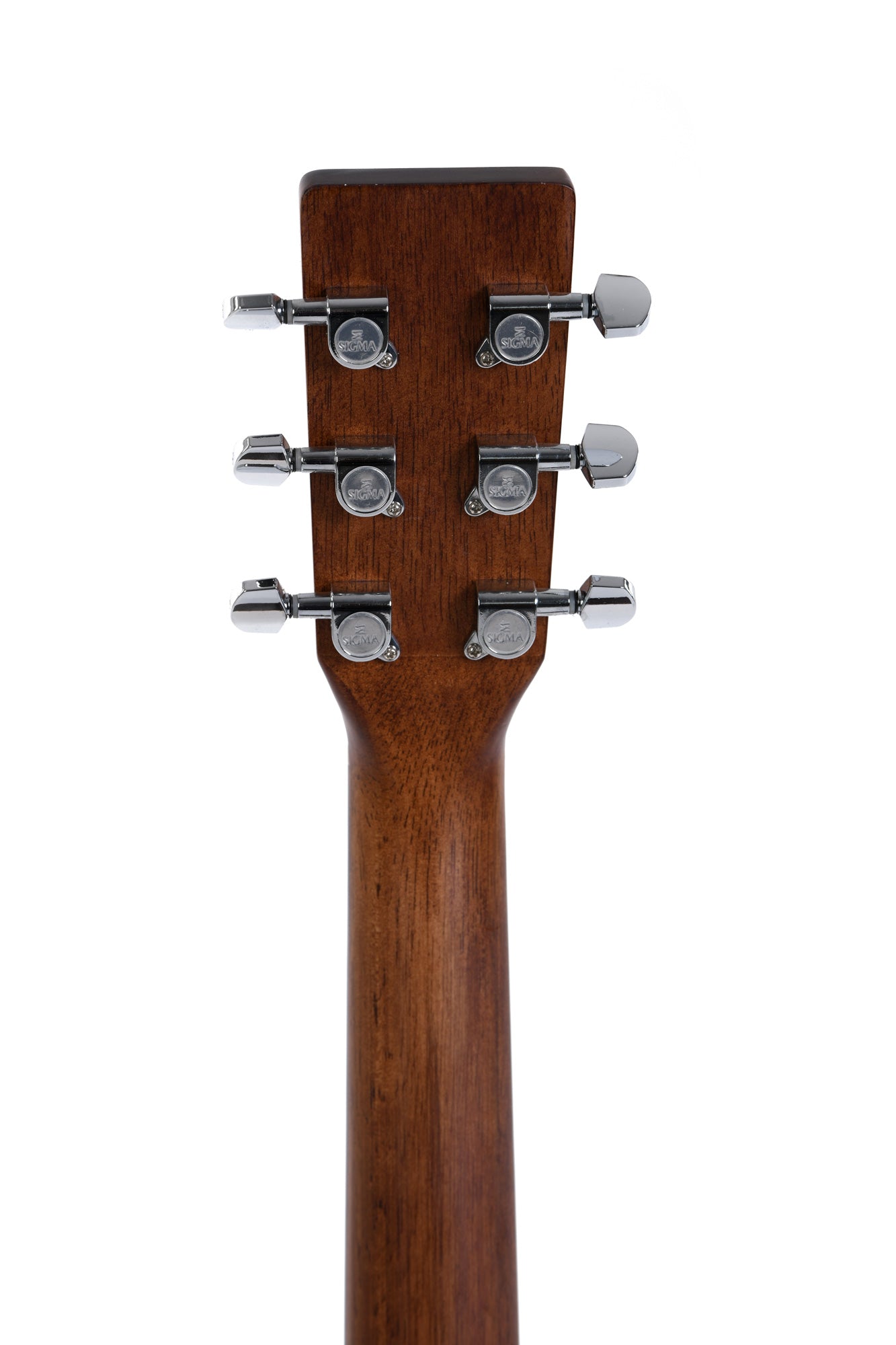 Back of an acoustic guitar headstock showing six chrome tuning pegs on a brown wood finish.