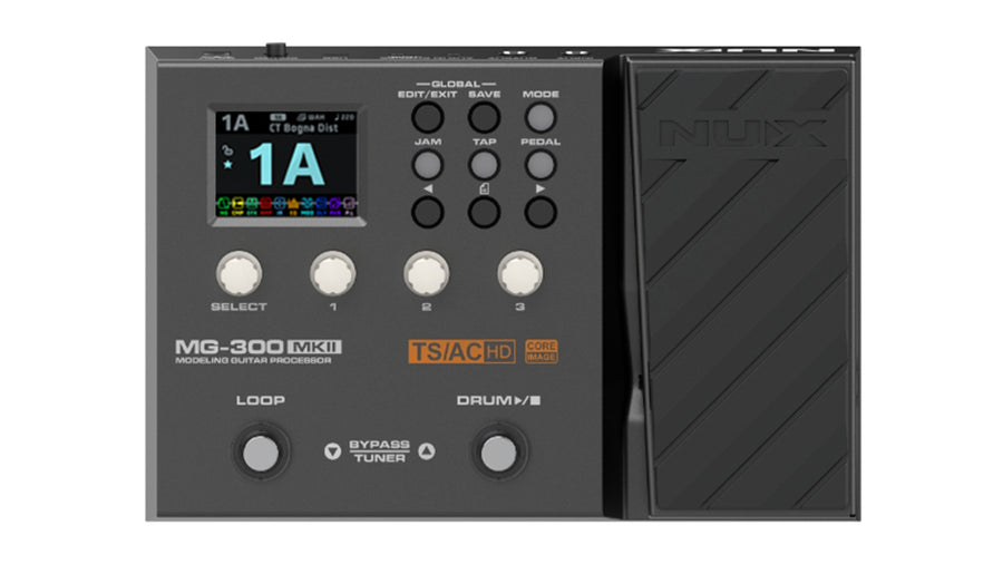 NUX MG-300 MKII FX pedal has a screen, eight buttons, four dials, two footswitches, and a large textured expression pedal on the right.