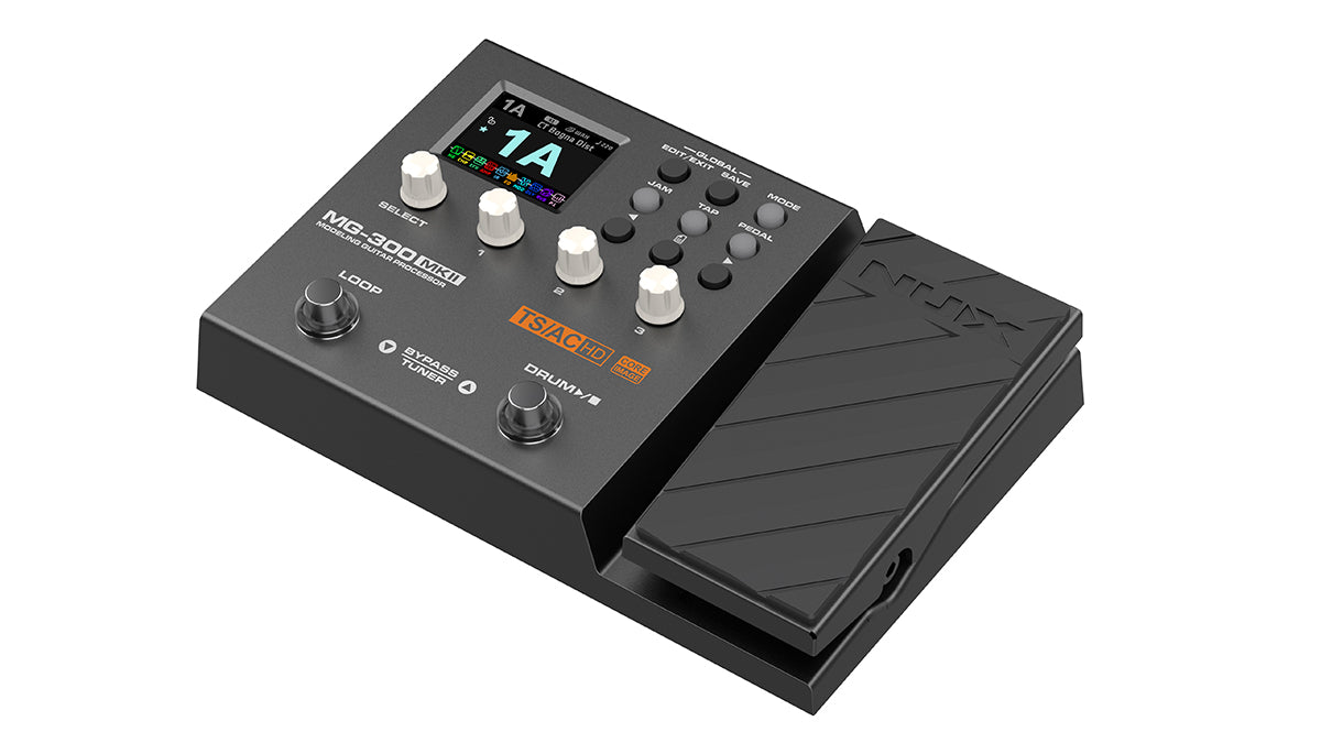 Black FX pedal unit with a color display, seven knobs, two footswitches labeled Loop and Drum, and an angled treadle pedal marked NUX.