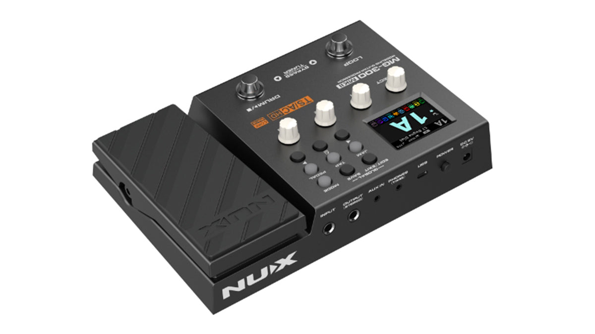Black FX pedal with a large textured expression pedal on the left, several knobs, buttons, input/output jacks, and a color display screen.
