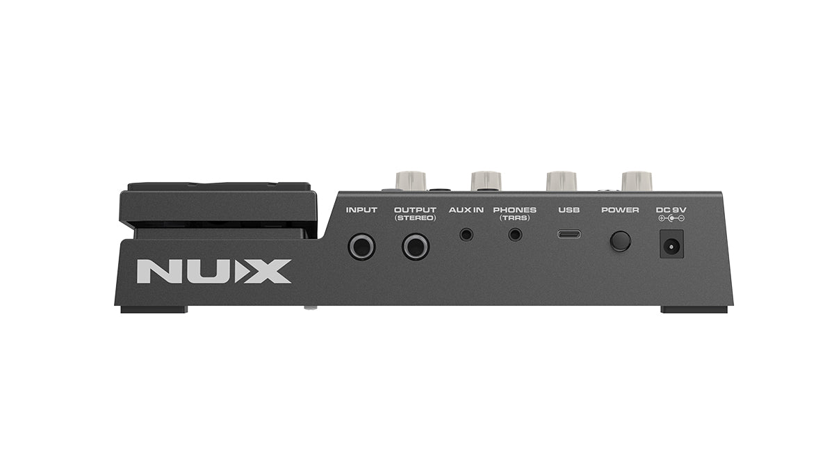 NUX FX pedal rear panel showing input, stereo output, aux in, phones, USB-C, power button, and DC 9V jack, with large NUX logo on the side.
