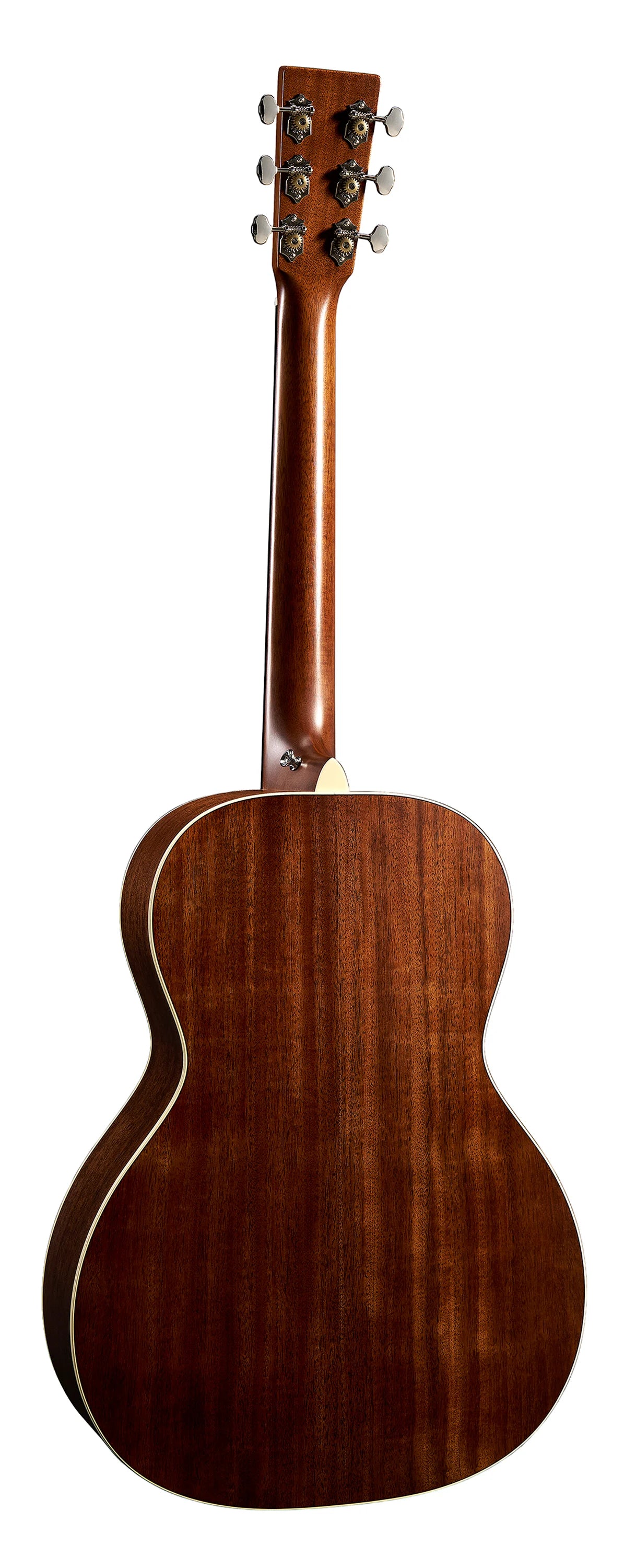 Guitare acoustique vue de dos, bois brun verni, contours clairs et six mécaniques chromées alignées sur la tête du manche.