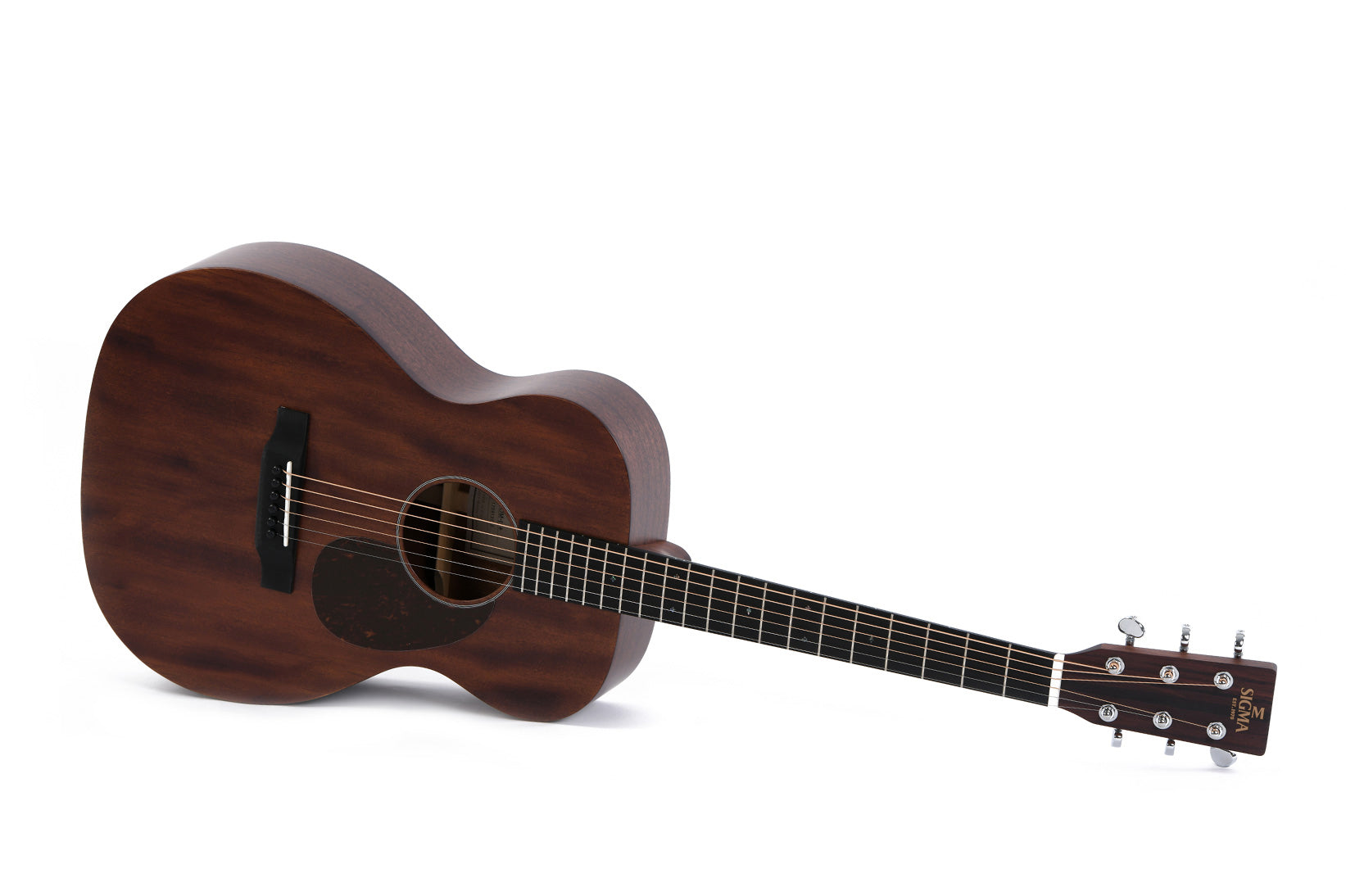Acoustic guitar with a dark wood finish, six strings, a black pickguard, and silver tuning pegs, lying on its side with the neck extending right.