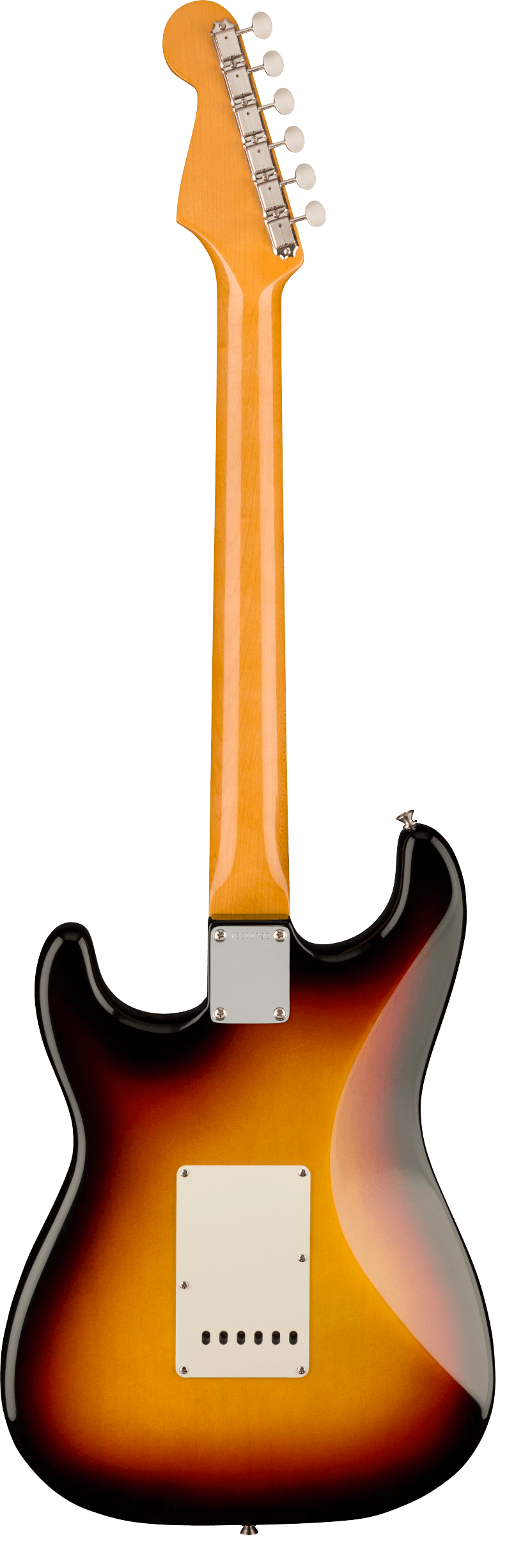 Sunburst electric guitar shown from the back, featuring a glossy wood neck, white backplate, and contoured double-cutaway body shape.