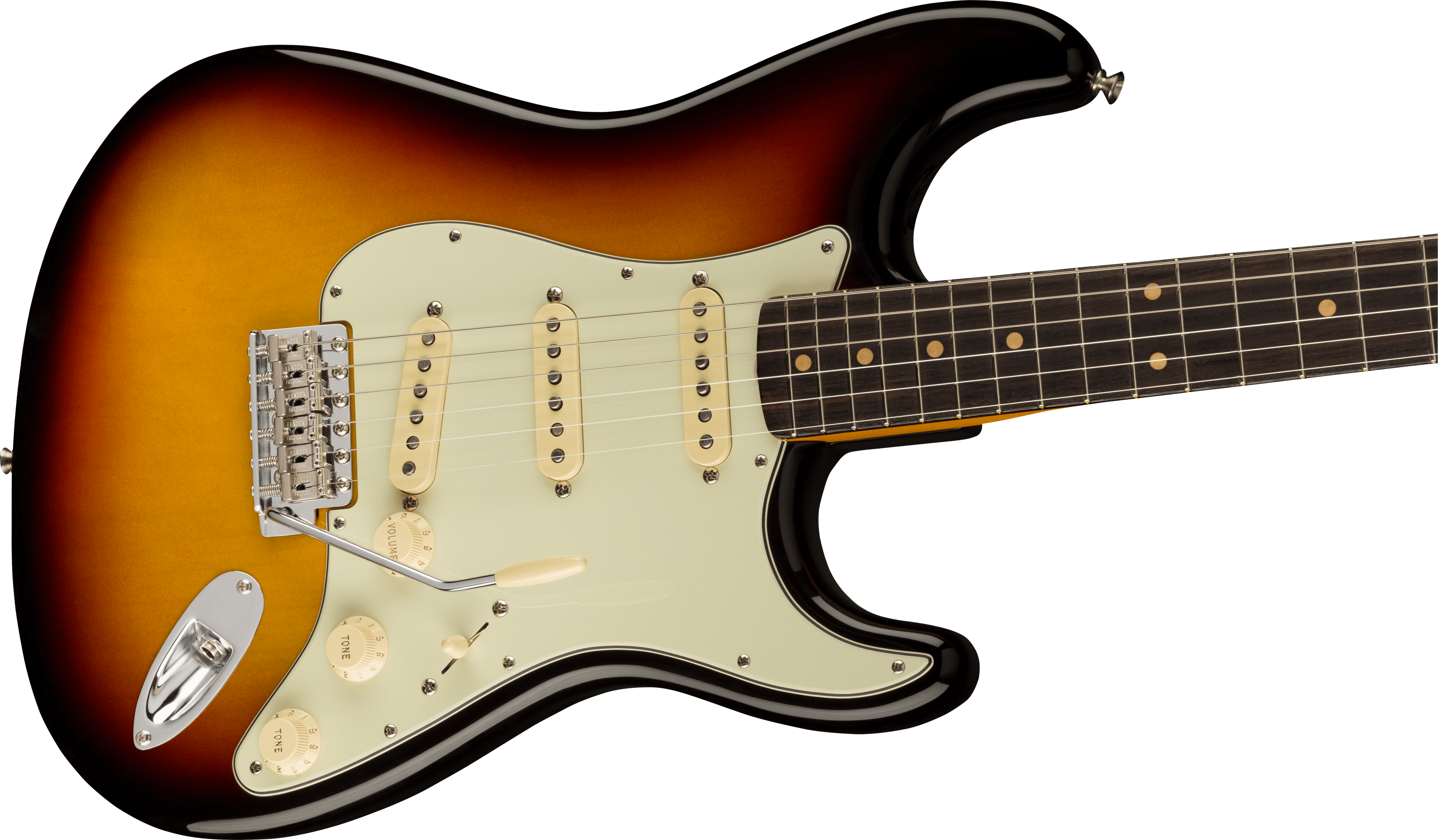 Sunburst electric guitar with three single-coil pickups, white pickguard, five-way switch, and a dark fretboard with dot inlays.