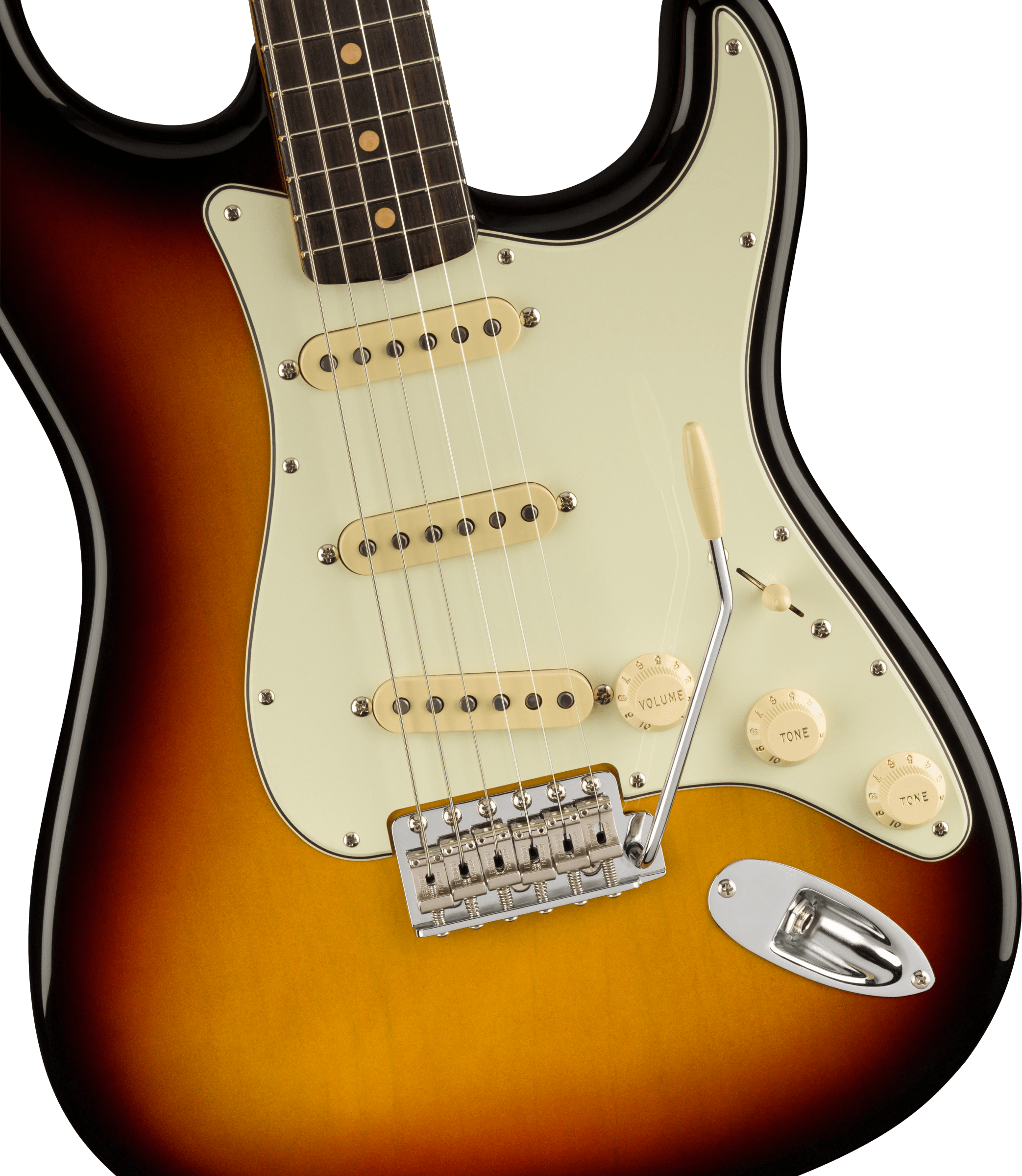 Sunburst electric guitar body with three single-coil pickups, white pickguard, chrome tremolo bridge, and cream-colored knobs for volume and tone.