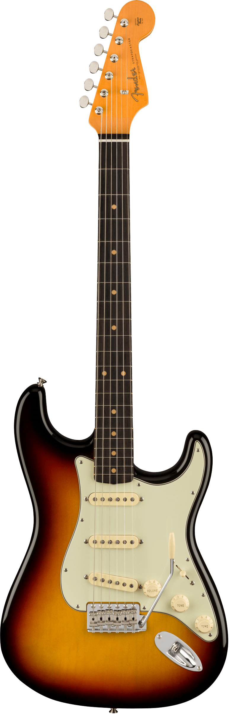 Sunburst finish electric guitar with three single-coil pickups, white pickguard, six tuning pegs, and a tremolo arm.