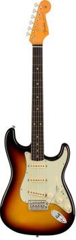 Sunburst finish electric guitar with three single-coil pickups, white pickguard, six tuning pegs, and a tremolo arm.