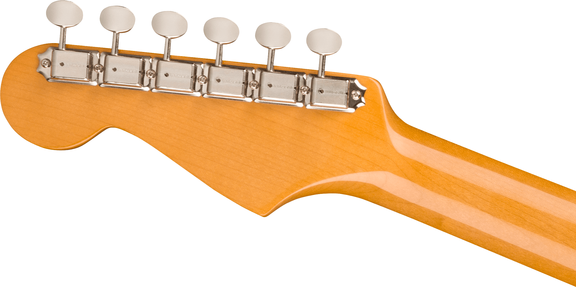 Six chrome tuning pegs line the light wood headstock of an electric guitar, with the back of the glossy neck also visible.