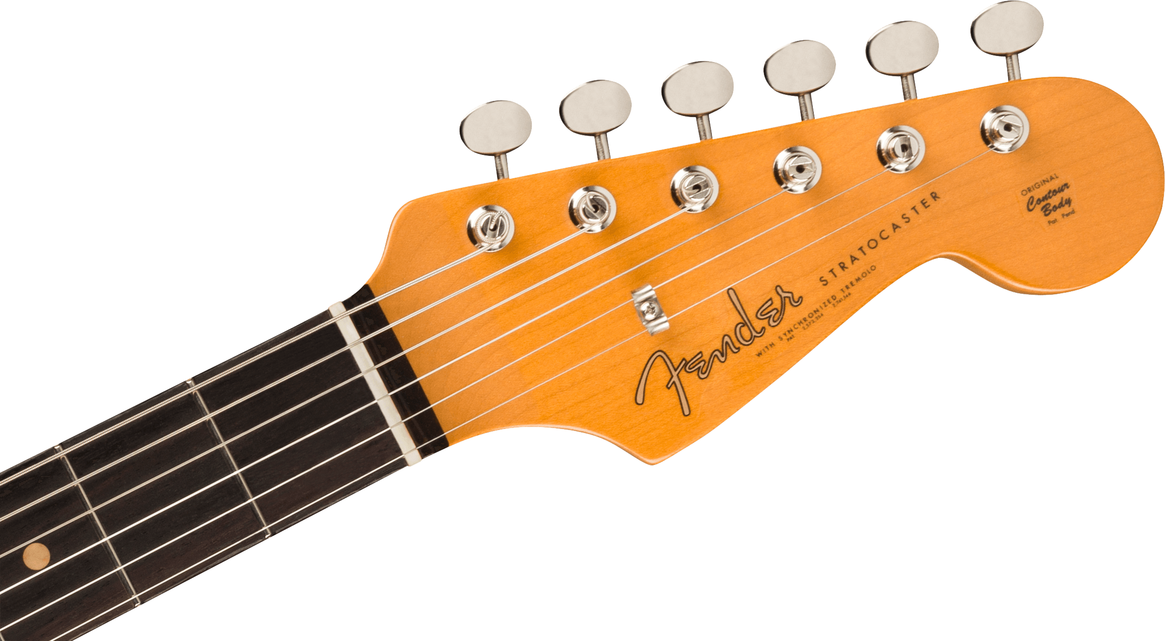 Light brown Fender Stratocaster electric guitar headstock with six tuning pegs and black logo script, attached to a dark fingerboard.